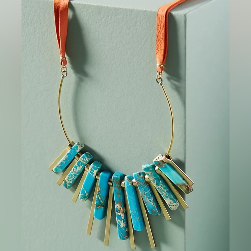 Anthropologie Fanned U-Shaped Turquoise Pendant Leather Strap Necklace